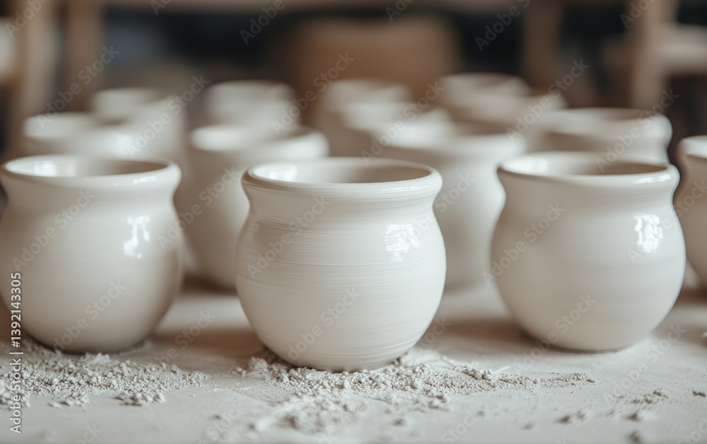 Small White Ceramic Pots on a Work Surface Small White Ceramic Pots on a Work Surface