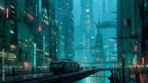 Wallpaper Mural A futuristic cyberpunk cityscape with towering holograms and flying cars Torontodigital.ca