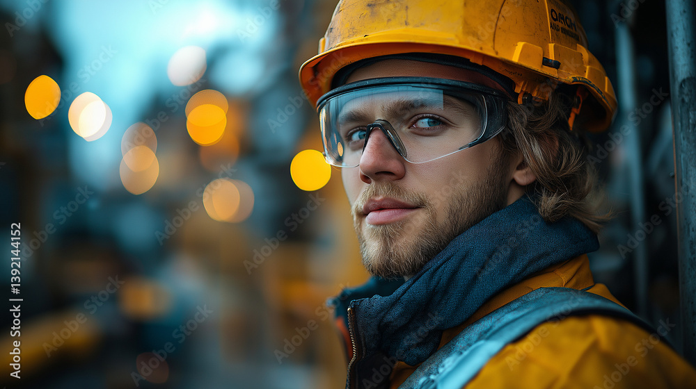 Portrait of a construction worker: a determined individual embodies the essence of hard work and dedication amidst the construction site. He is seen wearing a safety helmet and glasses while standing. Portrait of a construction worker: a determined individual embodies the essence of hard work and dedication amidst the construction site. He is seen wearing a safety helmet and glasses while standing.