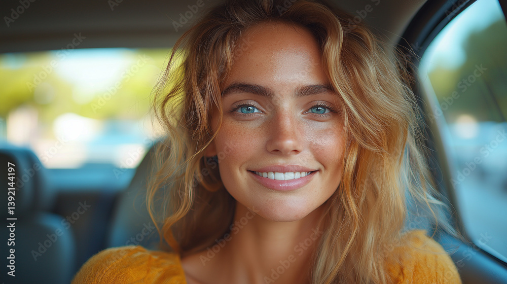 Beauty in Motion: A close-up portrait of a radiant woman, her captivating eyes sparkling with warmth, framed by sun-kissed locks, evoking a sense of travel and freedom from within a vehicle. Beauty in Motion: A close-up portrait of a radiant woman, her captivating eyes sparkling with warmth, framed by sun-kissed locks, evoking a sense of travel and freedom from within a vehicle.