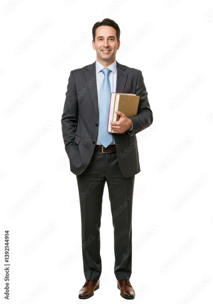 Confident businessman in a suit holding a notebook, standing against a white background Confident businessman in a suit holding a notebook, standing against a white background