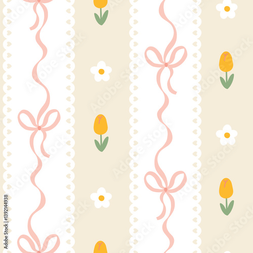 Seamless kawaii spring pattern with pastel bows, tulips, daisies and beige background. Cute girly design perfect for fabrics, wallpapers, and stationery.
