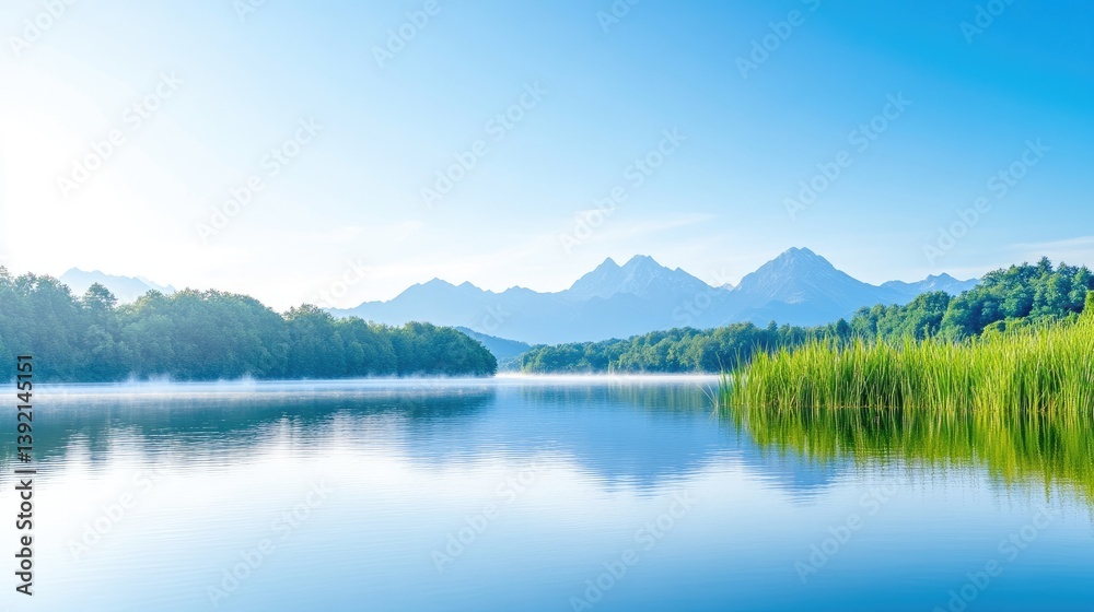 A serene lake with clear blue water reflecting lush green trees and distant mountains, tranquil nature scene with bright blue sky, and peaceful landscape.