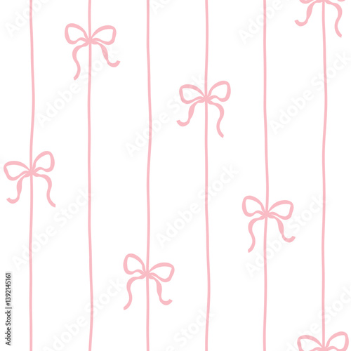 Flirty bows and ribbons are tied into vertical. Vector seamless pattern. Preppy cute cartoon hand-drawn illustration. Ideal textile printing, baby clothes, wallpaper, scrapbooking.