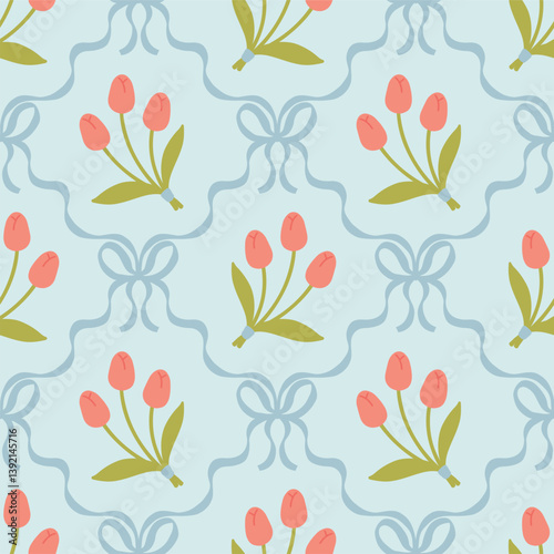 Floral seamless pattern with cute bouquets of tulips and flirty bows tied with net ribbons on a soft pastel background. Perfect for kids clothing, textiles, nursery, stationery, scrapbooking.