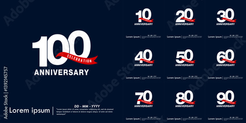 Set of 10-100th years anniversary celebration emblem. elegant anniversary logo isolated with red ribbon on dark blue background. vector illustration template design 
