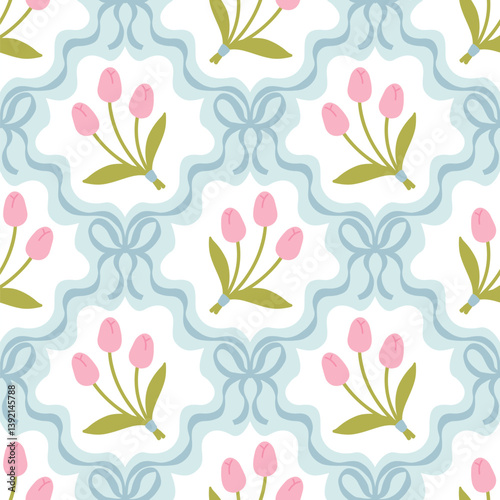 Floral seamless pattern with cute bouquets of tulips and flirty bows tied with net ribbons on a soft pastel background. Perfect for kids clothing, textiles, nursery, stationery, scrapbooking.
