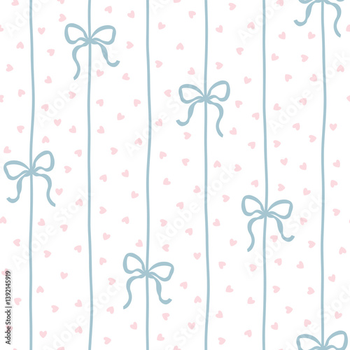 Flirty bows and ribbons are tied into vertical. Vector seamless pattern, background of hearts in polka dots. Preppy cute cartoon hand-drawn illustration. textile printing, baby clothes, scrapbooking.