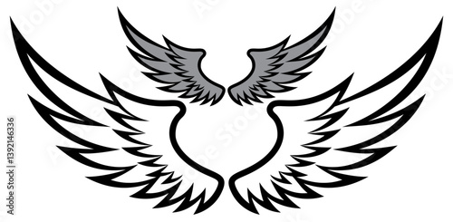 Elegant Black and White Angel Wings Illustration with Symmetrical Design and Detailed Feathers.