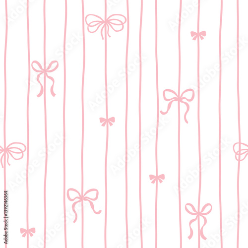 Flirty bows and ribbons are tied into vertical. Vector seamless pattern. Preppy cute cartoon hand-drawn illustration. Ideal textile printing, baby clothes, wallpaper, scrapbooking.