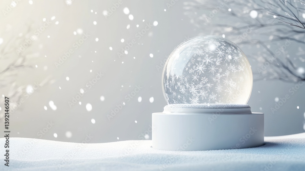 Snow globe on white pedestal, winter scene, delicate snowflakes, elegant display, holiday decor, use for greeting cards or winter theme social media Snow globe on white pedestal, winter scene, delicate snowflakes, elegant display, holiday decor, use for greeting cards or winter theme social media