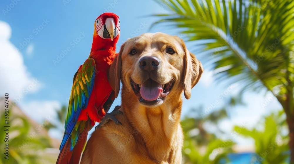 Parrot and Dog Friendship in Tropical Paradise