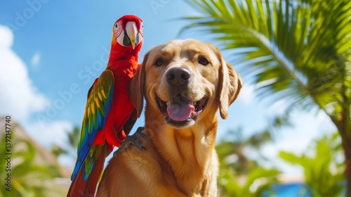 Obraz na płótnie Parrot and Dog Friendship in Tropical Paradise w salonie