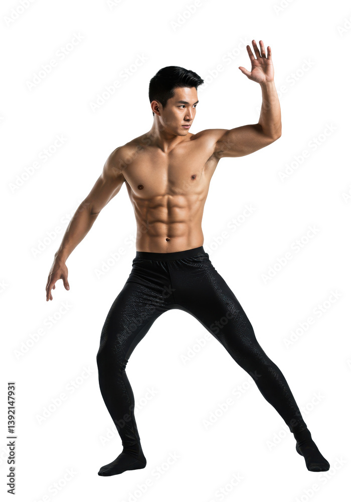 Athletic male dancer striking dynamic pose in a studio setting with dramatic lighting Athletic male dancer striking dynamic pose in a studio setting with dramatic lighting