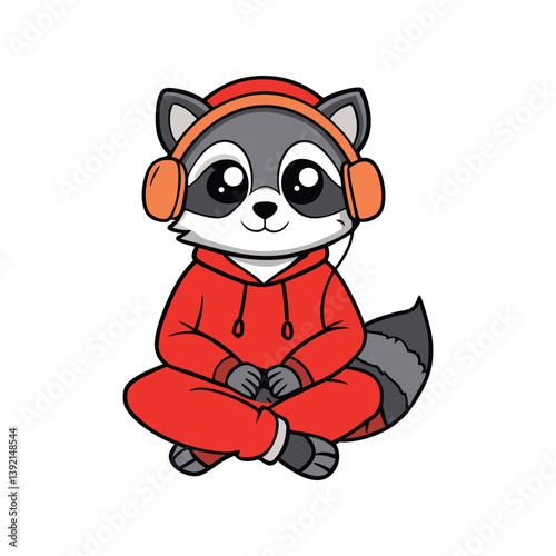 A vector art illustration of a raccoon wearing a hoodie and listening to music with headphones.eps