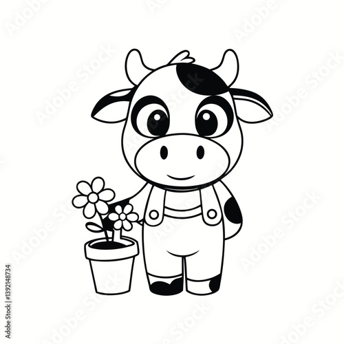 Line art drawing of a cow in overalls planting flowers in a tiny garden pot.eps