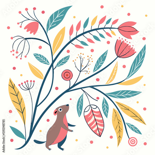 Illustration of a weasel looking at flowers and leaves