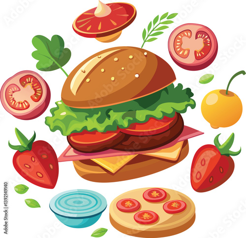 Floating burger isolated on white background