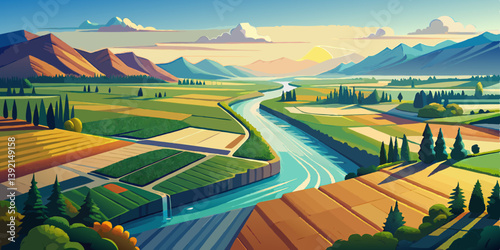 River Through Agricultural Valley with Sediment Deposits and Irrigation Canals – Aerial Landscape Vector