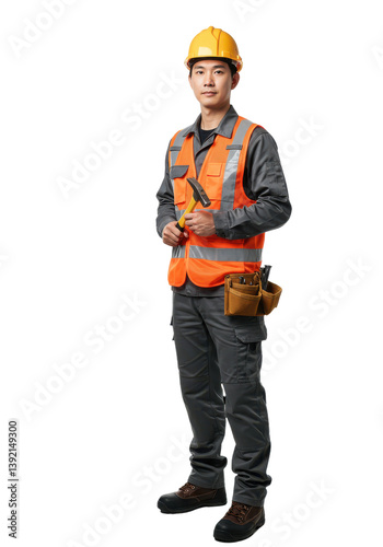 Construction worker in safety gear holding tools, ready for work on a project site