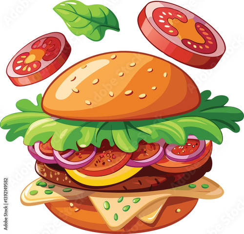 Floating burger isolated on white background