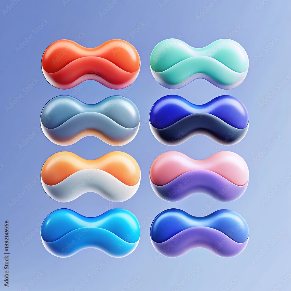A vibrant collection of eight smooth, colorful, double-bean-shaped objects playfully arranged against a soft blue backdrop. A vibrant collection of eight smooth, colorful, double-bean-shaped objects playfully arranged against a soft blue backdrop.
