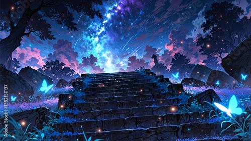 Magical night scene with glowing butterflies, lush plants, and a stone staircase leading upward into a star-filled sky