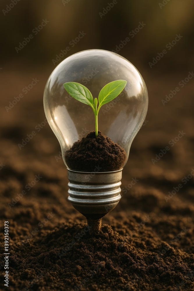 Light Bulb with Growing Plant Symbolizing Sustainability and Green Energy in Nature Against Earthy Background