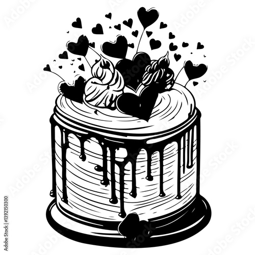 Whimsical cake illustration cascading with hearts in a monochrome artistic rendering
