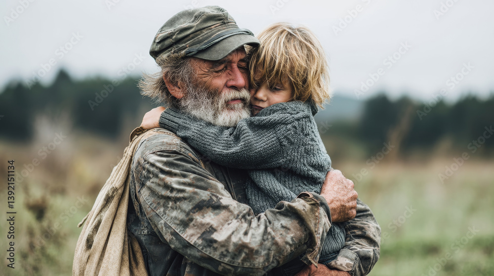 Emotional embrace of grandfather and grandchild in the wild, symbol of unconditional love and timeless bond