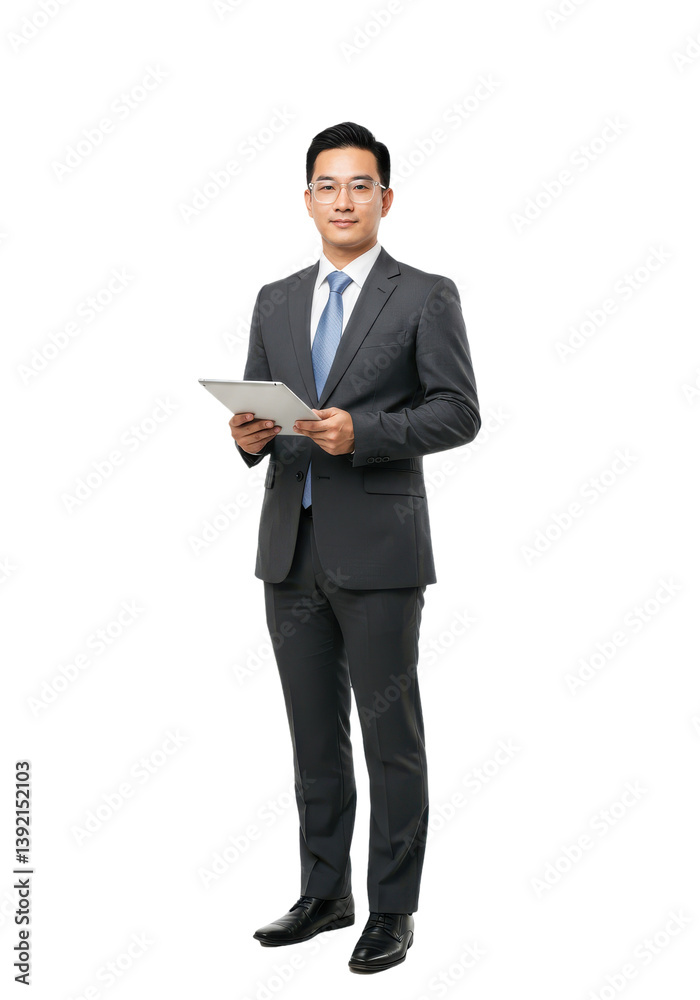 Professional man in a suit holding a document, standing confidently in a studio setting Professional man in a suit holding a document, standing confidently in a studio setting