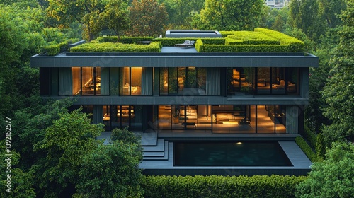 Geometric hedges frame a modern home, aerial view in morning light, showcasing architectural harmony with nature.