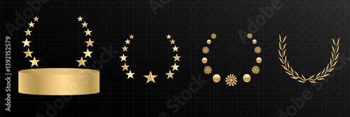 Gold or yellow award podium with light laurel wreath on a black background. Set of various golden and luxurious laurel wreaths. 3D realistic vector illustration. Eps 10