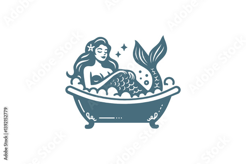 Engraved mermaid relaxing in vintage bathtub, black and white illustration