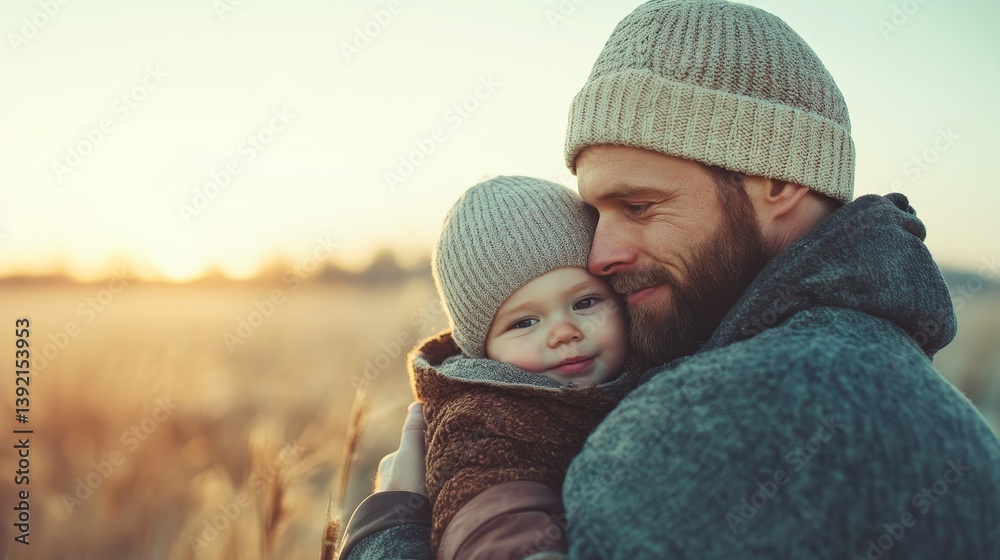 Warm hearted father lovingly embracing cozy baby in comforting hug during serene winter evening outdoors