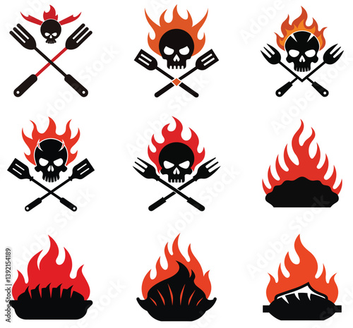 Vector set of hot orange and red fire flames design illustration