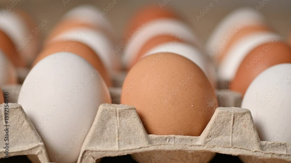The eggs are packed in a row, the camera makes the passage using a slider. Chicken eggs are depicted in large detail on the table, in the kitchen and ready for cooking.