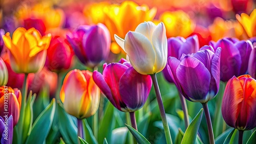 A vibrant row of blooming tulips, showcasing colorful spring flowers in a stunning garden arrangement.
