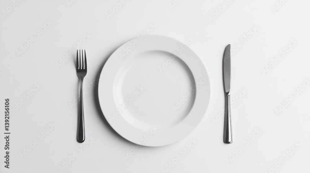Empty plate, fork, and knife on white surface Empty plate, fork, and knife on white surface