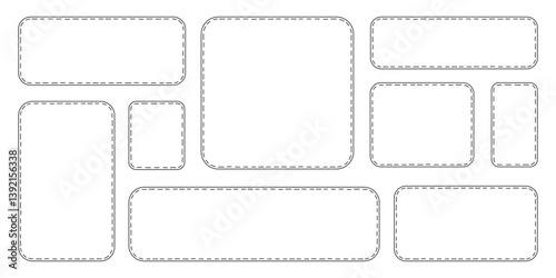 Rectangle labels with stitched dashed lines. Doodle simple outline rectangular frame set. Great for tags, stickers, packaging labels, infographics, cards, text highlight, social media