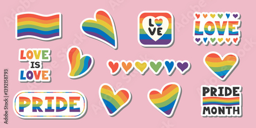 Set of rainbow pride stickers with hearts flag LGBTQ quotes. Flat cartoon style Pride event elements. Perfect for poster, print, planner, digital pride content, social media