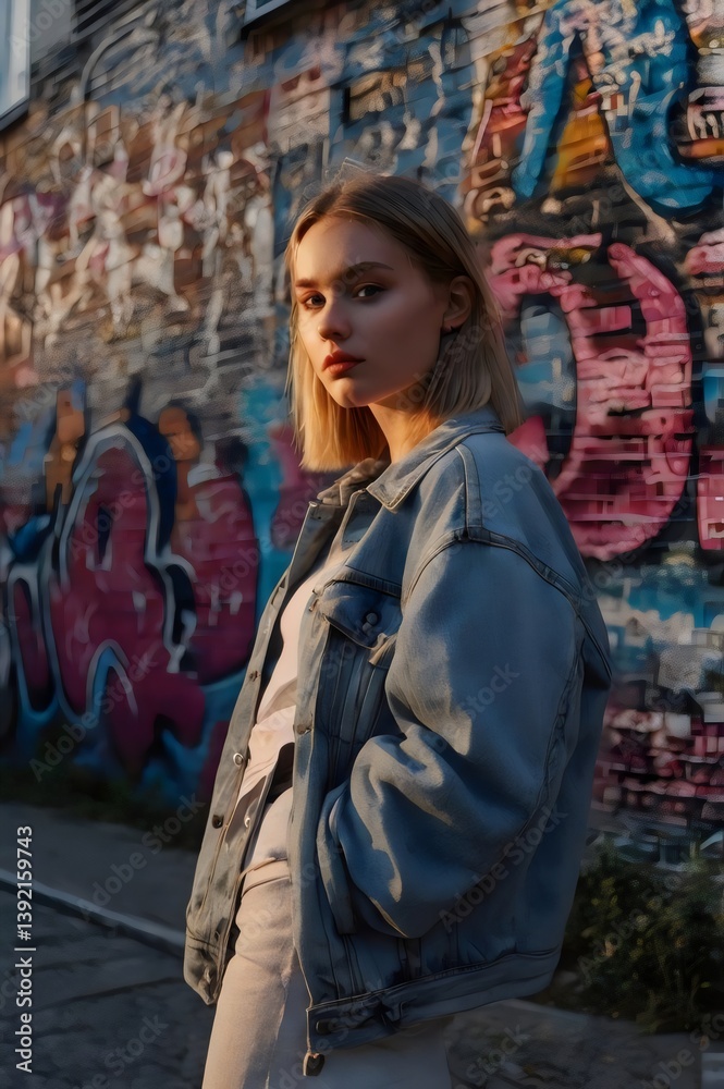 Naklejka premium A woman in a blue jacket stands in front of a graffiti wall