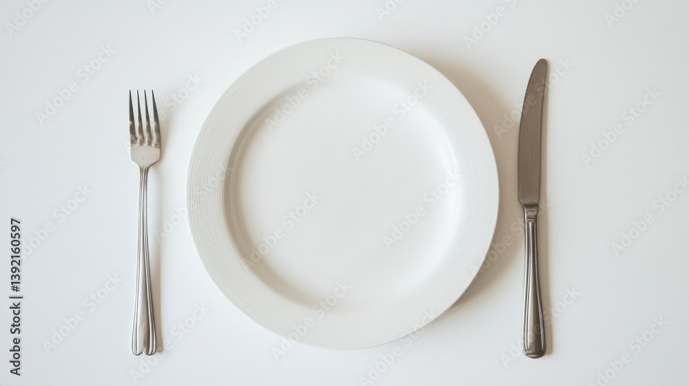 Empty plate, fork, knife on white background, ready for food, for advertising or editorial use Empty plate, fork, knife on white background, ready for food, for advertising or editorial use