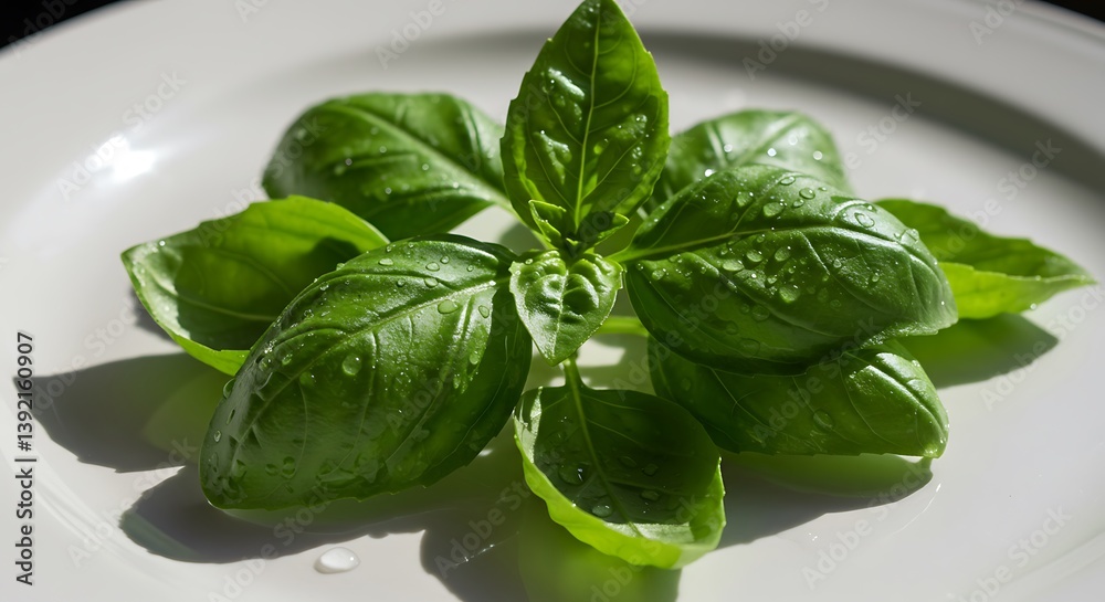 Obraz premium Fresh Basil Leaves Sprig on White Plate with Water Droplets