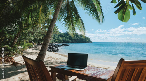 Fototapeta Naklejka Na Ścianę i Meble -  Digital nomad working from a tropical beach HD Background, Luxury hd wallpaper Image, Trendy Background illustration 