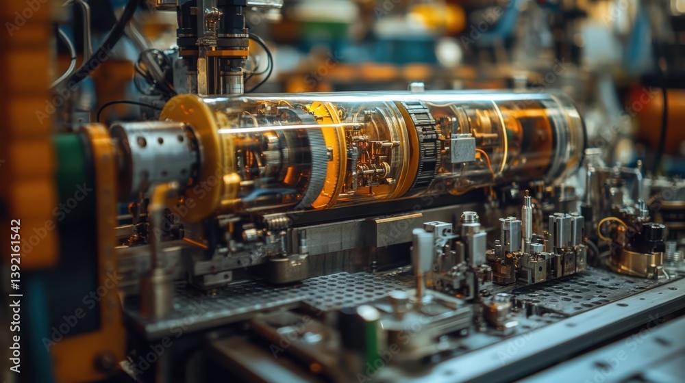 Fototapeta premium Advanced Industrial Machinery Close up Precision Engineering and Complex Mechanism in a Factory Setting