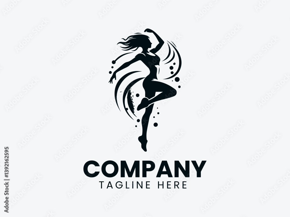 Fototapeta premium Dynamic Woman Silhouette Dancing Fitness Movement Vector Logo Design, Fitness Woman Dancing Silhouette Logo