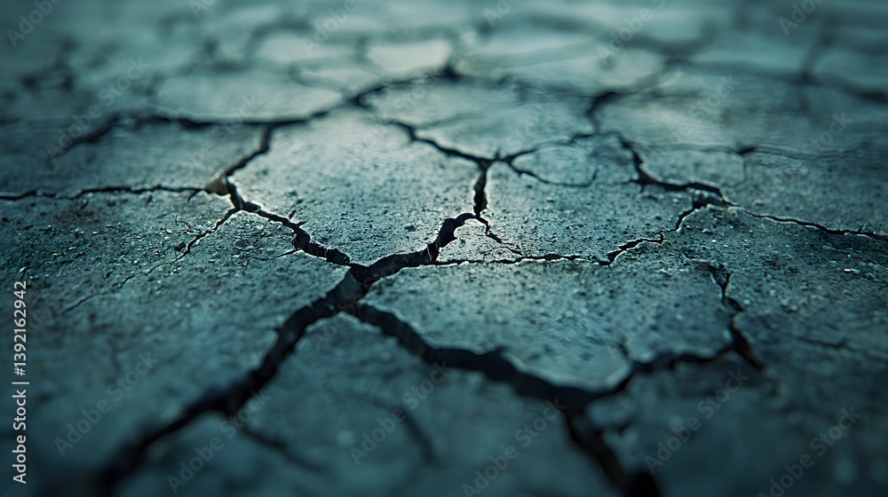 Obraz premium Hyper-realistic macro shot depicting intricate network of cracks in dark teal cement revealing texture and depth of weathered material in detail