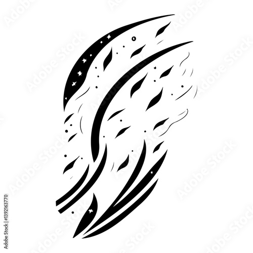 Abstract flowing shapes and celestial elements in a monochromatic display