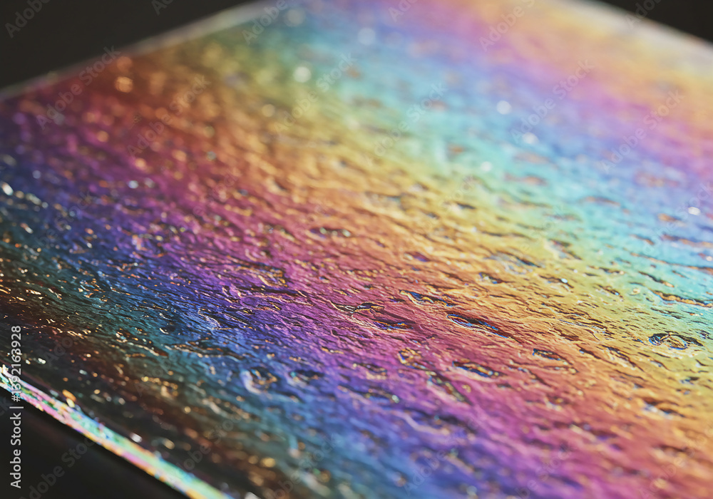 Fototapeta premium Colorful Oil Slick Surface Rainbow Iridescence, Abstract Close-Up, Texture, Pollution, Vibrant, Water, Light, Spectrum.